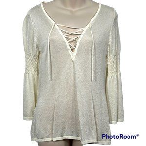 EXPRESS NWT Shimmery Sheer Cream Blouse Bell Sleeves Knit Lace Up MEDIUM (M)